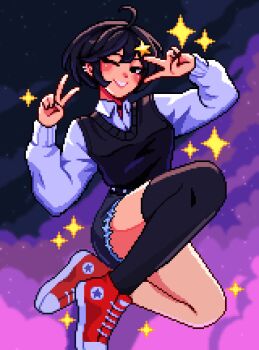 1girl ahoge artist_self-insert black_choker black_eyes black_hair black_thighhighs blush choker commentary converse double_v english_commentary highres long_sleeves looking_at_viewer one_eye_closed original parted_lips pixel_art red_shoes shoes short_hair single_thighhigh smile solo sparkle thighhighs v yumykon yumykon_(yumykon)