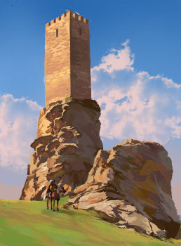 1boy absurdres animal blue_sky cloud cloudy_sky commentary day english_commentary highres hill horse horseback_riding male_focus mr.watermelor original outdoors riding scenery sky tower wide_shot