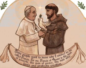 Rule 34 | 1boy, 2boys, bird, brown facial hair, brown hair, brown robe, capelet, christianity, closed mouth, commentary, cross, cross necklace, english commentary, english text, facial hair, halo, highres, holding hands, jewelry, long sleeves, looking at animal, looking at another, luxangelae, male focus, monk, multiple boys, necklace, old, old man, olive branch, pigeon, pope, pope francis, real life, robe, rope belt, short hair, skullcap, smile, standing, tonsure, upper body, white hair, white robe, zucchetto