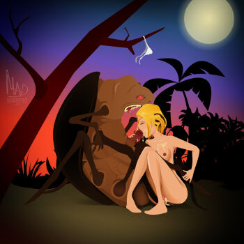 1girl alien artist_name barefoot bestiality branch breasts bug bush closed_eyes completely_nude cum cum_in_pussy cum_on_body cumdrip erection facial fellatio grabbing_another's_penis highres interspecies knees_up madscientist medium_breasts moon nipples nude open_mouth oral original palm_tree panties pasiphae_project sharp_teeth short_hair signature sunrise teeth tongue tongue_out tree underwear vector_art white_panties zoophilia