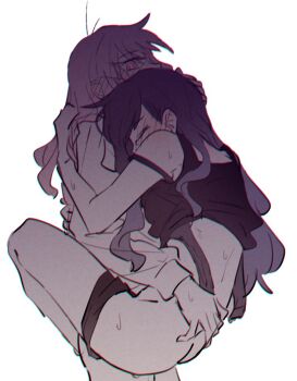 1boy 1girl akistalu akiyama_mizuki ass black_bra black_panties black_tank_top blue_hair blush bra chromatic_aberration closed_eyes commentary_request ear_blush genderswap genderswap_(otm) gradient_hair hand_on_another&#039;s_back hand_on_another&#039;s_head hand_on_another&#039;s_shoulder hetero hug leg_lock multicolored_hair open_bra panties panties_around_leg pink_eyes pink_hair project_sekai sex shiraishi_an shirt standing standing_sex sweat tank_top trap underwear white_background white_shirt