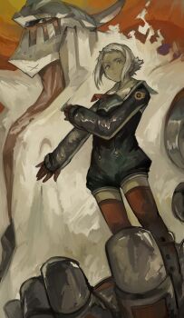 Rule 34 | 1girl, absurdres, blue jumpsuit, boots, dark-skinned female, dark skin, dix-neuf, freckles, gloves, highres, jumpsuit, kornod, lal'c mellk mal, long sleeves, looking at viewer, looking down, mecha, necktie, red gloves, red necktie, red thighhighs, robot, sailor collar, short hair, standing, thighhighs, top wo nerae! (series), top wo nerae 2!, white hair, white sailor collar, yellow eyes