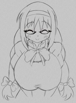 1girl akemi_homura bow braid breasts closed_eyes closed_mouth cropped_torso from_above glasses grey_background greyscale hair_bow hairband huge_breasts long_hair mahou_shoujo_madoka_magica miks381 monochrome ribbon semi-rimless_eyewear simple_background sketch smile solo straight-on twin_braids