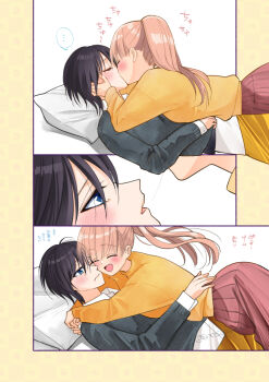 2girls black_hair black_sweater blue_eyes blush brown_hair closed_eyes closed_mouth commentary_request fang kajii_supana kiss lying_on_person multiple_girls on_bed open_mouth original pillow pink_skirt ponytail saliva saliva_trail short_hair skirt sweater translation_request yellow_sweater yuri