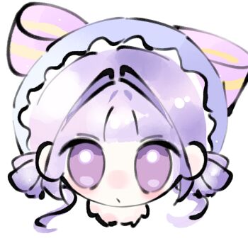 Rule 34 | 1girl, :o, blunt bangs, bow, chibi, chinese commentary, commentary request, double bun, fengmi youzi hua, frilled headwear, from above, hair bun, hair intakes, hat, hat bow, highres, infinity nikki, large bow, light blush, light particles, long hair, low twintails, mob cap, nikki (series), parted lips, purple bow, purple eyes, purple hair, purple hat, simple background, single stripe, solo, straight-on, striped bow, twintails, very long hair, whispers of bliss (infinity nikki), white background