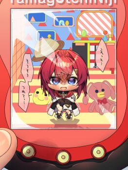 1girl ange_katrina ange_katrina_(1st_costume) between_legs black_coat blue_eyes blush cardigan chibi coat commentary_request crossed_bangs dress embarrassed hair_between_eyes hair_intakes hair_ornament hand_between_legs harumina_mau have_to_pee highres legs_together looking_at_viewer marutchi medium_hair nijisanji off_shoulder open_mouth red_cardigan red_hair shaking sleeves_past_wrists speech_bubble stuffed_toy sweat tamagotchi translation_request triangle_hair_ornament virtual_youtuber white_dress wide_sleeves