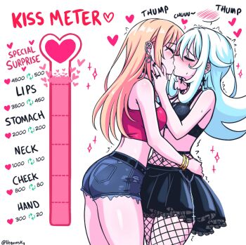 2girls ass bangle bikini black_ring black_skirt blonde_hair bracelet breasts closed_eyes cowboy_shot cross cross_earrings denim denim_shorts earrings eyes_visible_through_hair fishnets hand_on_another's_cheek hand_on_another's_face hand_on_another's_head hand_on_another's_waist heart jewelry kiss kiss_meter_(meme) long_hair medium_breasts midriff multiple_girls necklace nervous original shaking shivers shorts skirt sparkle_background standing sweat swimsuit veguinsky white_background white_hair yuri