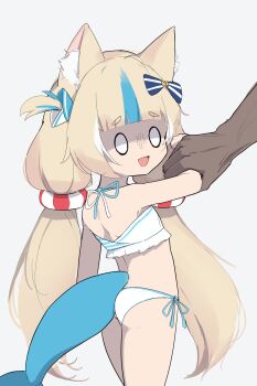 Rule 34 | 1boy, 1girl, absurdres, animal ear fluff, animal ears, arm up, ass, bikini, blonde hair, cat ears, dako o (skwt4825), dark-skinned male, dark skin, fins, fish tail, grabbing another's arm, highres, indie virtual youtuber, lifebuoy hair ornament, long hair, low twintails, multicolored hair, o o, open mouth, sameko saba, side-tie bikini bottom, streaked hair, striped bikini, striped clothes, swimsuit, tail, thighs, twintails, virtual youtuber, white bikini