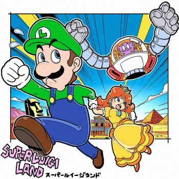 Rule 34 | alien, blue eyes, blue overalls, brown hair, brown shoes, castle, colored skin, dress, earrings, facial hair, gloves, green hat, green shirt, hat, high heels, holding hands, jewelry, luigi, mario (series), meijin okd, mountain, mustache, nintendo, orange heels, overalls, princess daisy, purple skin, pyramid (structure), rescue, running, shirt, shoes, spaceship, super mario land, tatanga, yellow dress