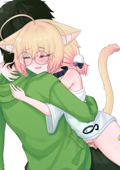 1boy 1girl absurdres ahoge animal_ear_fluff animal_ears armpits arms_up asymmetrical_legwear bandaid bandaid_on_leg bell black_collar black_hair blonde_hair blush bottomless cat_ears cat_girl cat_tail closed_eyes collar glasses gradient_hair hair_bell hair_ornament highres hug indie_virtual_youtuber loli low_twintails minikomew mismatched_legwear multicolored_hair open_mouth oversized_clothes oversized_shirt pink_hair pom_pom_(clothes) pom_pom_hair_ornament pussy ritspi shirt simple_background single_thighhigh straddling t-shirt tail thighhighs twintails vaginal vedal987 virtual_youtuber white_background white_shirt