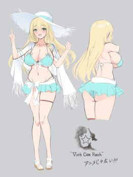 Rule 34 | atago (kancolle), bikini, blonde hair, breasts, green eyes, grey background, hat, highres, kantai collection, large breasts, legband, navel, odachu, sandals, skirt, swimsuit, thighs, white hat