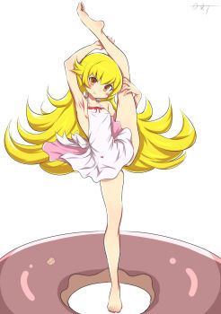 1girl armpits arms_up artist_name ass bare_legs bare_shoulders barefoot blonde_hair blush blush_stickers bow breasts brown_eyes commentary donut dress dress_bow dynamite_tomokazu flexible flipped_hair food full_body hair_flaps halter_dress halterneck hands_on_own_leg highres leg_hold leg_lift loli long_hair looking_at_viewer monogatari_(series) oshino_shinobu oversized_food oversized_object pink_dress red_bow red_trim short_dress signature sleeveless sleeveless_dress small_breasts smile smirk soles solo split standing standing_on_one_leg standing_split sundress toes two-tone_dress very_long_hair white_background white_dress wind wind_lift