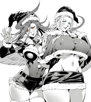 2girls azeyma breasts cameltoe covered_erect_nipples final_fantasy final_fantasy_xiv greyscale hat jamjamstyle large_breasts long_hair looking_at_viewer miniskirt monochrome multiple_girls santa_hat short_shorts shorts skirt venat_(ff14)