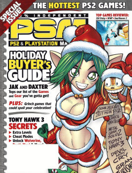 1boy 1girl absurdres adam_warren animal_on_arm artist_collaboration bell blue_eyes breasts candy candy_cane cleavage cleavage_cutout clothing_cutout cover cowboy_shot crop_top daxter english_text fangs food forehead fur-trimmed_gloves fur-trimmed_shorts fur_trim game_screenshot_inset gloves green_bag green_eyes green_hair grin groin hair_intakes hand_up hat highres holding holding_sack jak_and_daxter jingle_bell keira_hagai looking_at_viewer magazine_cover magazine_scan medium_breasts midriff navel neck_bell official_art ottsel parted_bangs pointy_ears pom_pom_(clothes) psm red_gloves red_hat red_shorts ryan_kinnaird sack santa_costume santa_hat scan short_hair short_shorts short_sleeves shorts smile ssx_(series) teeth third-party_source tongue tongue_out