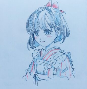 Rule 34 | 1girl, apron, bob cut, bow, brown hair, closed mouth, colored pencil (medium), commentary request, emu (bleudoux r), frilled apron, frills, graphite (medium), hair bow, highres, japanese clothes, kimono, maid, pink kimono, pinstripe kimono, pinstripe pattern, rabbit ornament, red bow, reverse:1999, satsuki (reverse:1999), short hair, smile, solo, striped clothes, striped kimono, traditional media, upper body, vertical-striped clothes, vertical-striped kimono, wa maid