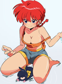 1girl barefoot blue_eyes blue_shorts blush braid breasts camisole cleavage commentary full_body hair_between_eyes medium_breasts open_mouth orange_camisole p-chan piglet ranma-chan ranma_1/2 ranma_1/2_kessen_tougenkyou!_hanayome_wo_torimodose! red_hair sanamaru_(sana79261827) scene_reference short_hair shorts simple_background single_braid sitting smile strap_slip white_background