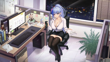 1girl absurdres black_bra black_shoes black_skirt blue_eyes blue_hair bra bra_peek breasts brown_thighhighs chair character_doll character_request cleavage closed_mouth collarbone collared_shirt computer computer_keyboard computer_mouse cup disposable_cup doll earrings flower full_body hair_flower hair_ornament highres holding holding_cup holding_paper id_card impossible_clothes impossible_shirt indoors jewelry lanyard large_breasts long_hair long_sleeves looking_at_viewer miniskirt monitor monster_energy mousepad_(object) night nomalman office office_chair office_lady original paper partially_unbuttoned pencil_skirt ponytail shirt shirt_tucked_in shoes sitting skirt smile snowflake_pupils solo stud_earrings swivel_chair thighhighs underwear white_shirt window zettai_ryouiki