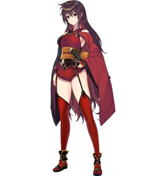 1girl bare_shoulders black_eyes black_sandals breasts brown_hair choukou_(alicesoft) choukou_taisen_escalation_heroines full_body highres japanese_clothes katana large_breasts long_hair mitsurugi_shouko ninja official_art red_shawl red_thighhighs sandals shawl sword tachi-e thighhighs weapon yuunagi_(seventh_heaven)