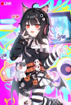 1girl :d ahoge animal_ear_headphones animal_ears asymmetrical_legwear belt black_collar black_hair black_sweater cat_ear_headphones cat_ears collar fake_animal_ears handheld_game_console hands_up headphones highres kneeling ksjsa long_sleeves looking_at_viewer magical_girl mahou_shoujo_no_majo_saiban medium_hair multicolored_hair open_mouth orange_belt orange_eyes pink_belt sawatari_coco sharp_teeth skull smile solo streaked_hair stuffed_animal stuffed_cat stuffed_toy sweater teeth