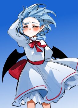 1girl bat_wings blue_background blue_dress blue_hair blush bow bowtie closed_eyes commentary_request dress facing_viewer hand_in_own_hair highres no_headwear pointy_ears red_bow red_bowtie remilia_scarlet sketch solo standing sutora touhou wind wings