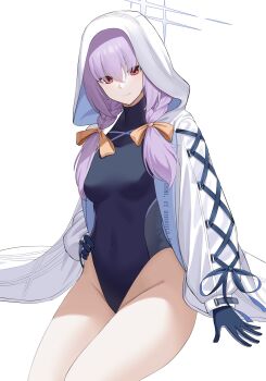 1girl atsuko_(blue_archive) black_gloves black_leotard blue_archive breasts closed_mouth coat commentary_request covered_navel fujisawa_sorao gloves hand_on_own_hip heattech_leotard highleg highleg_leotard highres hood hood_up leotard looking_at_viewer medium_breasts open_clothes open_coat partial_commentary purple_hair red_eyes sitting smile solo turtleneck white_coat