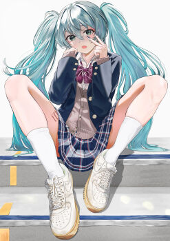 1girl absurdres aqua_hair black_jacket black_nails blue_skirt bow bowtie brown_cardigan cardigan collared_shirt commentary_request dress_shirt floating_hair green_eyes hair_between_eyes hatsune_miku highres hxk4_n jacket kneehighs leg_tattoo long_hair looking_at_viewer miniskirt nail_polish number_tattoo open_clothes open_jacket plaid_clothes plaid_skirt pleated_skirt red_bow red_bowtie school_uniform shirt shoes skindentation skirt sneakers socks solo spread_legs tattoo twintails very_long_hair vocaloid white_background white_shirt white_shoes white_socks wing_collar