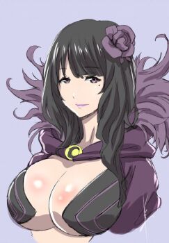 1girl black_hair breasts cape center_opening cleavage elsa_granhilte flower fur_trim hair_flower hair_ornament large_breasts long_hair looking_at_viewer mole mole_under_eye purple_eyes purple_flower purple_rose re:zero_kara_hajimeru_isekai_seikatsu rose solo