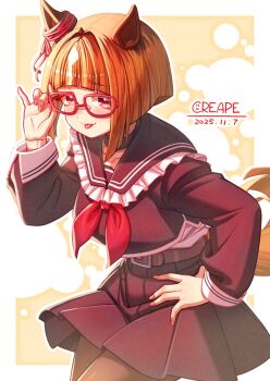 1girl adjusting_eyewear animal_ears artist_name belt black_choker black_pantyhose black_sailor_collar black_serafuku black_skirt bob_cut bow brown_hair choker commentary_request creape dated ear_ornament ear_ribbon glasses hand_on_own_hip highres horse_ears horse_girl horse_tail inverted_bob long_sleeves looking_at_viewer pantyhose pink_eyes red-framed_eyewear sailor_collar school_uniform serafuku signature simple_background skirt smile solo solo_focus tail tongue transcend_(umamusume) umamusume