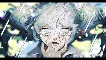 Rule 34 | 1girl, air bubble, blue eyes, blue hair, blue nails, blurry, blurry background, bubble, commentary request, crying, hatsune miku, highres, letterboxed, non-breath oblige (vocaloid), open mouth, portrait, solo, soyaka, tears, twintails, underwater, vocaloid