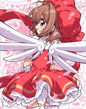 1girl blush brown_hair cardcaptor_sakura commentary dress from_behind gloves green_eyes highres kinomoto_sakura kinomoto_sakura_(magician) looking_at_viewer looking_back magical_girl petals profile short_hair solo symbol-only_commentary take_shinobu thighhighs wings zettai_ryouiki
