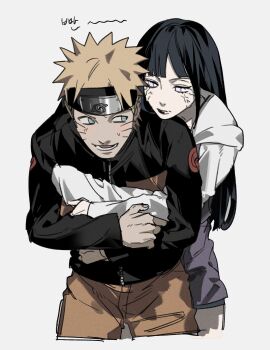 1boy 1girl black_hair black_jacket blonde_hair blue_eyes blunt_bangs blunt_ends couple cropped_legs facial_mark grey_background headband hetero highres hood hood_down hug hug_from_behind hyuuga_hinata itachi3413 jacket light_blush long_hair long_sleeves multicolored_jacket naruto:_road_to_ninja naruto_(series) naruto_shippuuden open_mouth orange_jacket orange_pants pants purple_jacket short_hair spiked_hair sweatdrop two-tone_jacket uzumaki_naruto veins whisker_markings white_hood white_jacket white_sleeves