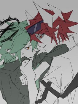 Rule 34 | 2boys, anger vein, aotu world, arm ribbon, black shirt, chinese commentary, clothes grab, collared shirt, eyewear on head, from side, goggles, goggles on head, green hair, green necktie, grey background, halo, headgear, highres, jacket, long hair, looking at another, low ponytail, male focus, multicolored eyes, multiple boys, necktie, official alternate costume, parted lips, pius (aotu world), pointy ears, ponytail, profile, red eyes, red hair, ribbon, shaded face, shirt, shirt grab, short hair, simple background, sketch, smile, spiked hair, sweatdrop, white jacket, xander (aotu world), xander (campus) (aotu world), xingluo25886, yaoi, yellow eyes