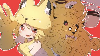 Rule 34 | 1girl, animal hands, bandam, blonde hair, bra, breasts, chimera (ragnarok online), commentary request, criss-cross halter, eddga, fang, fox girl, fox hat, halterneck, highres, lion, looking at viewer, medium breasts, moonlight flower, open mouth, ragnarok online, ragnarok origin, red background, red eyes, short hair, simple background, skin fang, smile, smoking pipe, tiger, underwear, upper body, yellow bra