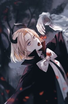 1boy absurdres blonde_hair blood blue_eyes bow cherry demon_horns food freckles freminet_(genshin_impact) fruit genshin_impact halloween highres horns jack-o'-lantern long_sleeves looking_at_viewer male_focus pers_thepenguin sharp_teeth short_hair solo teeth tongue tongue_out vampire_costume white_bow