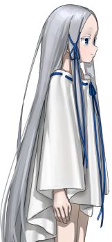 Rule 34 | 1girl, absurdres, blue eyes, commentary request, dress, forehead, grey hair, hair ribbon, hdk moon, highres, long hair, looking to the side, pandora (re:zero), parted bangs, profile, re:zero kara hajimeru isekai seikatsu, ribbon, smile, solo, white dress