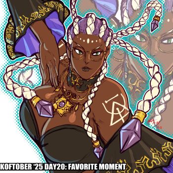1girl bodypaint braid breasts curvy dark-skinned_female dark_skin dolores_(kof) dress earrings female_focus glasses gold green_eyes hand_up huge_breasts jewelry large_breasts long_hair multicolored_hair purple_hair round_eyewear taurence_bell the_king_of_fighters thick_lips two-tone_hair white_hair