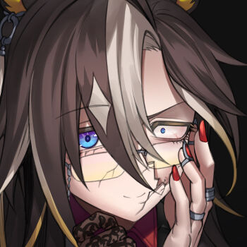 1girl absurdres ahoge animal_ear_piercing blue_eyes brown_hair charisma_break closed_mouth commentary_request constricted_pupils dream_journey_(umamusume) eyewear_strap frills fukuro_(maruaru00) hair_between_eyes highres horse_girl jacket jewelry long_hair multicolored_hair multiple_rings partial_commentary red_nails rimless_eyewear ring smile solo streaked_hair umamusume upper_body white_hair