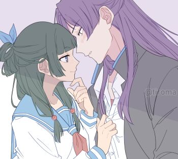 Rule 34 | 1boy, 1girl, absurdres, alternate universe, beads, black jacket, blue eyes, blue ribbon, blue sailor collar, blunt bangs, blush, bow-shaped hair, breasts, closed mouth, collared shirt, freckles, gakuran, hair beads, hair ornament, hair ribbon, half updo, hand on own chin, hetero, highres, jacket, jinshi (kusuriya no hitorigoto), kusuriya no hitorigoto, maomao (kusuriya no hitorigoto), neckerchief, parted bangs, parted lips, purple hair, red neckerchief, red shirt, ribbon, sailor collar, school uniform, shirt, shirt tug, small breasts, smile, tiroma, twitter username, undershirt, upper body, white shirt