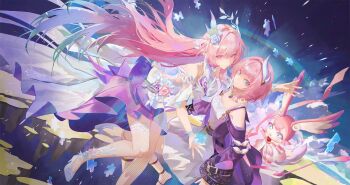 2girls aqua_hair bare_shoulders blue_eyes breasts coat commentary cyrene_(demiurge)_(honkai:_star_rail) cyrene_(honkai:_star_rail) cyrene_(philia093)_(honkai:_star_rail) dress dual_persona flower hair_flower hair_ornament helen_(helenwork015) high_heels highres honkai:_star_rail honkai_(series) jewelry large_breasts long_hair mem_(honkai:_star_rail) multicolored_hair multiple_girls necklace pink_hair purple_coat purple_eyes puzzle_piece short_hair small_breasts thighs very_long_hair white_dress white_hair