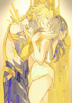 Rule 34 | 1boy, 1girl, blonde hair, blue flower, closed eyes, commentary, cracked skin, english commentary, flower, grey hair, hair between eyes, hair flower, hair ornament, hands on another's head, hetero, highres, honkai: star rail, honkai (series), long hair, meat7955, parted lips, phainon (honkai: star rail), phainon (khaslana) (honkai: star rail), robe, spiked hair, stelle (honkai: star rail), the kiss, trailblazer (honkai: star rail), white flower