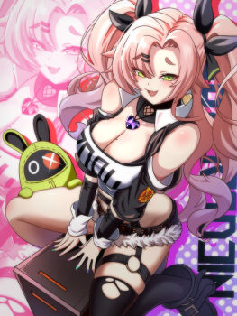 1girl absurdres asymmetrical_legwear bangboo_(zenless_zone_zero) box breasts cleavage crop_top green_eyes highres kappaako large_breasts nicole_demara on_box pink_hair short_shorts shorts sitting sitting_on_box smile solo thighhighs twintails zenless_zone_zero zettai_ryouiki zoom_layer