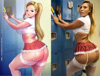 1girl absurdres animification ass back black_eyes blonde_hair blouse bokuman book breasts commentary derivative_work english_commentary garter_belt garter_straps highres large_breasts lips locker long_hair looking_at_viewer looking_back miniskirt multiple_views natalia_garibotto parted_lips photo-referenced photo_(medium) photo_inset pleated_skirt ponytail real_life red_skirt reference_photo reference_work shirt short_sleeves skirt thighhighs watermark web_address white_shirt