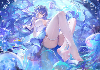 1girl absurdres asymmetrical_legwear blue_eyes blue_flower blue_hair blush breasts cameltoe cantarella_(wuthering_waves) commentary dress earrings facial_mark feet fish floating_hair flower full_body garter_straps hair_between_eyes hair_flower hair_ornament hair_spread_out headdress highres jellyfish jewelry kneehighs large_breasts legwear_cutout long_hair looking_at_viewer mark_under_eye meisansan nail_polish no_shoes paid_reward_available panties parted_lips purple_hair purple_nails shrug_(clothing) single_kneehigh single_sock single_thighhigh skindentation smile socks soles solo submerged thighhighs thighs toenail_polish toenails toes underwater underwear uneven_legwear very_long_hair water white_dress white_garter_straps white_panties white_shrug white_socks white_thighhighs wuthering_waves