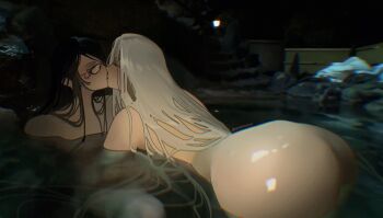 2girls ass bayonetta bayonetta_(series) bent_over black_hair chromatic_aberration closed_eyes completely_nude glasses hair_down highres hiroshi_(hiiroshiiii) huge_ass jeanne_(bayonetta) kiss light_blush long_hair multiple_girls night nude onsen partially_submerged very_long_hair wet wet_hair white_hair yuri