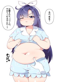 Rule 34 | 1girl, alternate body size, blue archive, blue eyes, blue hair, blue shorts, blush, breasts, buttons, cleavage, commentary request, cowboy shot, dot nose, fat, fat woman, hair between eyes, highres, long hair, looking at viewer, medium breasts, navel, one eye closed, parted lips, poking belly, shiyo hodaka, short sleeves, shorts, simple background, solo focus, speech bubble, straight-on, sweatdrop, thick thighs, thighs, translation request, white background, yuuka (blue archive)