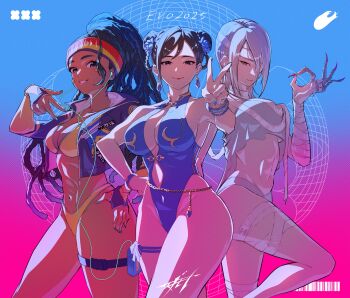 3girls a.k.i._(street_fighter) absurdres albino alternate_costume bikini blue_one-piece_swimsuit breasts capcom chun-li claw_(weapon) cleavage cropped_jacket curvy dark-skinned_female dark_skin double_bun dreadlocks earphones hair_bun headband highleg highleg_one-piece_swimsuit highres kimberly_jackson large_breasts multicolored_headband multiple_girls official_alternate_costume official_alternate_hairstyle ok_sign one-piece_swimsuit pale_skin red_eyes sgmt_proxy shiny_skin street_fighter street_fighter_6 swimsuit thigh_strap thong thong_bikini thong_one-piece_swimsuit v w walkman weapon wide_hips yellow_bikini