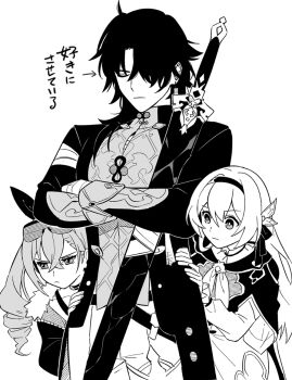 1girl 2girls black_hair black_hairband black_jacket black_ribbon blade_(honkai:_star_rail) dashi_(minzoku_gb) firefly_(honkai:_star_rail) fur-trimmed_jacket fur_trim grey_hair hair_between_eyes hair_intakes hair_ornament hair_ribbon hairband honkai:_star_rail honkai_(series) jacket long_hair multiple_girls neckerchief open_clothes open_jacket ponytail ribbon silver_wolf_(honkai:_star_rail) simple_background single_drill sword weapon white_background