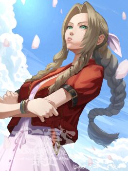 1girl 5tatsu aerith_gainsborough bangle black_choker blue_sky bracelet braid braided_ponytail breasts brown_hair choker closed_mouth cloud cloudy_sky cropped_jacket crossed_arms dated dress falling_petals final_fantasy final_fantasy_vii final_fantasy_vii_rebirth final_fantasy_vii_remake green_eyes hair_ribbon highres jacket jewelry long_hair medium_breasts outdoors parted_bangs petals pink_dress pink_petals pink_ribbon pout red_jacket ribbon short_sleeves sidelocks signature single_braid sky solo upper_body