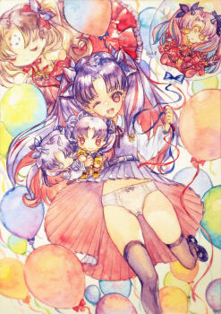 1girl balloon black_hair character_doll chikinan_tarou doll dress fate/grand_order fate_(series) highres ishtar_(fate) long_hair looking_at_viewer multicolored_hair neck_ribbon one_eye_closed painting_(medium) panties pantyshot pinafore_dress red_eyes red_hair ribbon sleeveless sleeveless_dress smile space_ishtar_(fate) space_ishtar_(young)_(fate) traditional_media two-tone_hair underwear watercolor_(medium) white_panties
