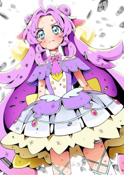 1girl @est@ ahoge back_bow blue_eyes blush bow brooch bruise capelet closed_mouth commentary_request cowboy_shot cure_answer debris detached_collar dirty dirty_clothes dirty_face double_bun dress frown hair_bun hair_intakes heart heart_brooch highres injury jewelry long_hair looking_at_viewer magical_girl meitantei_precure! necktie precure purple_capelet purple_dress purple_hair purple_necktie rubble scratches serious skirt solo standing thighhighs v-shaped_eyebrows very_long_hair white_background white_thighhighs